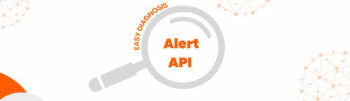 Une loupe grise avec écrit "Alerte APi" au centre en orange et autour de cette loupe, il y a écrit "diagnostic facile" en orange.