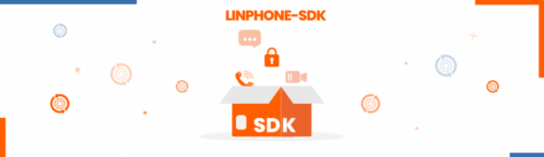 L'image a un fond blanc avec une boîte en carton SDK : des pictogrammes chat, cadena, caméra et téléphone rentre à l'intérieur de cette boîte. Tout en haut le titre : Linphone-SDK. Le texte et les pictogrammes sont en orange, aux couleurs de Linphone.