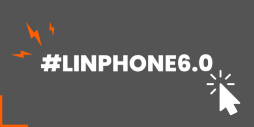 #Linphone6.0 en blanc écrit sur un fond gris. Une flèche blanche clique dessus, ainsi que des éclairs rouges qui s'en échappent.