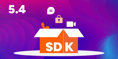 Image d'un carton orange avec écrit "SDK" dessus, des icônes d'appels, de chat, de visioconférence et un cadenas de chiffrement en sorte. Dans l'angle, en haut à gauche, il y a écrit "5.4".