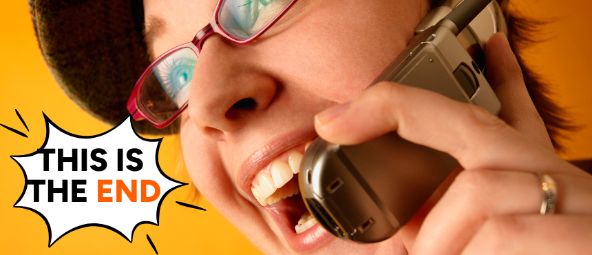 Colorful illustration of a woman on the phone, typical of the 2000s with a flip phone. She wears a cap and red glasses. A speech bubble beneath her contains the text 'this is la fin.' The background of the image is bright orange.