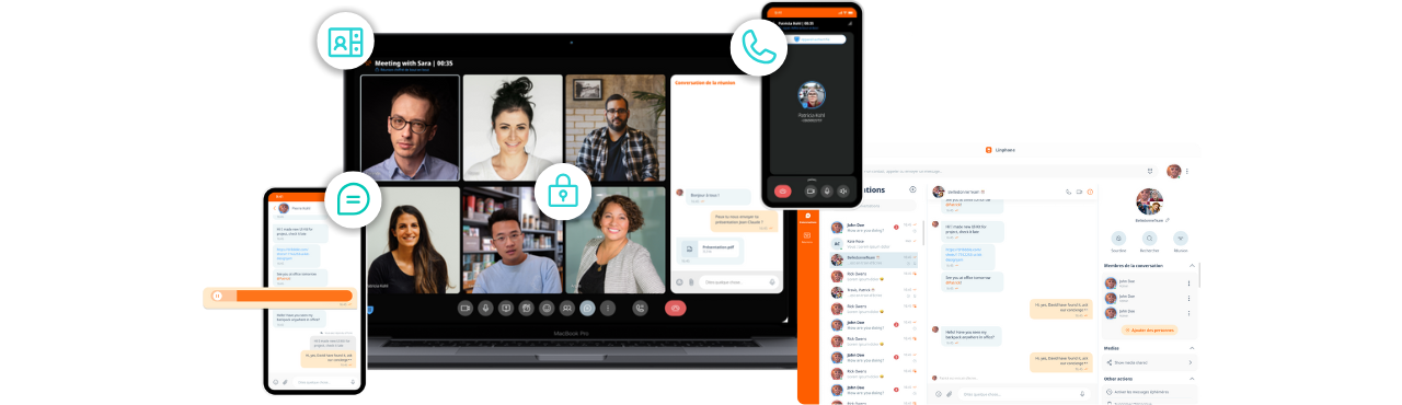 Illustration de l'application Linphone 6, avec messagerie instantanée, visioconférence, appels. 