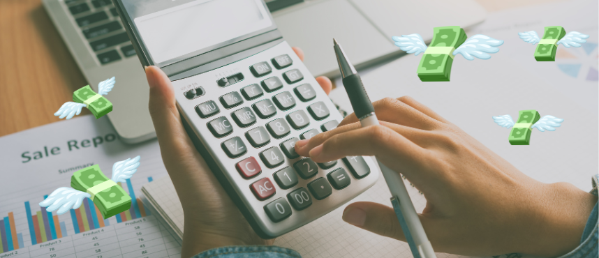 Illustration d'une calculatrice avec autour plusieurs billets de banque munis d'ailes, en train de s'envoler. L'image évoque la perte ou la fuite d'argent.