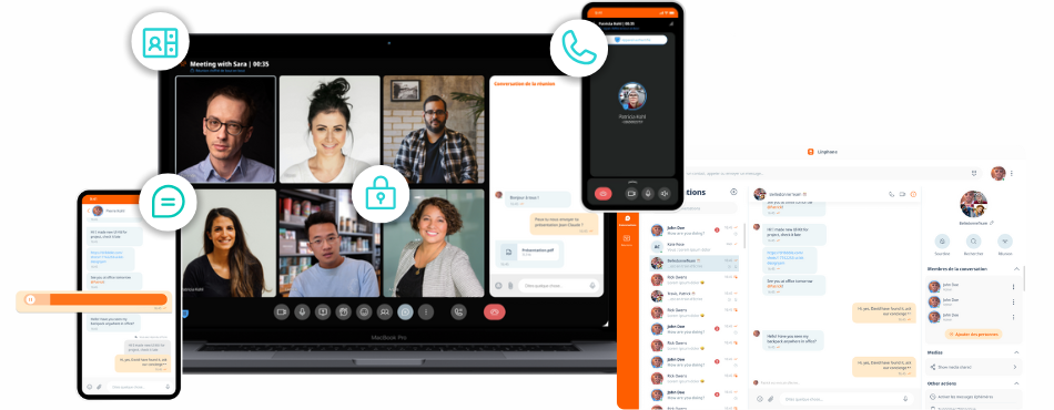 Maquette de l'interface de Linphone affichée sur un écran. L'interface présente des fonctionnalités d'appel, de messagerie instantanée, de visioconférence et de sécurité.