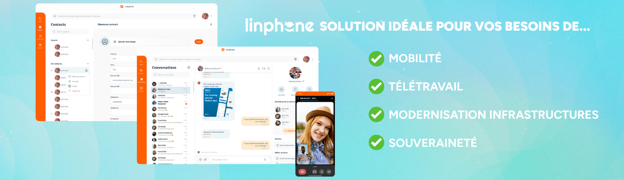 Maquette de l'interface de Linphone affichée sur un écran, accompagnée du texte : "Linphone, solution idéale pour vos besoins en... mobilité, télétravail, modernisation et souveraineté".